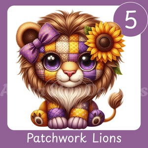 May include: A cute patchwork lion illustration with a purple bow, sunflower, and large purple eyes. The lion is made of patchwork fabric in shades of yellow, purple, and white. The text "Patchwork Lions" is at the bottom.