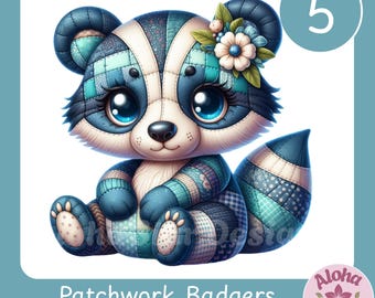 Patchwork Badgers Clipart Set, 5 Teal and Blue Badgers with Embellishments Sublimation Designs, Digital Download