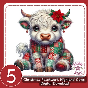 Conjunto de imágenes prediseñadas de vacas de las Tierras Altas con patchwork navideño, 5 adorables vacas de las Tierras Altas para decoración navideña, regalo para amantes de las manualidades.