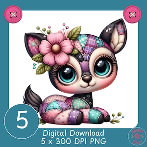 May include: A digital illustration of a cartoon deer with large, expressive eyes and a patchwork design. The deer is adorned with a pink flower and green leaves. The image includes the text "Digital Download 5 x 300 DPI PNG" and the number "5".