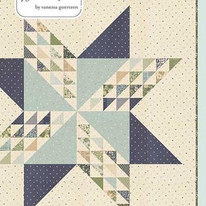 May include: A quilt pattern featuring a star design with various fabrics in shades of blue, green, and beige. The pattern is titled "Sugar Cookie" and includes the designer's name, Lella Boutique by Vanessa Goertzen.