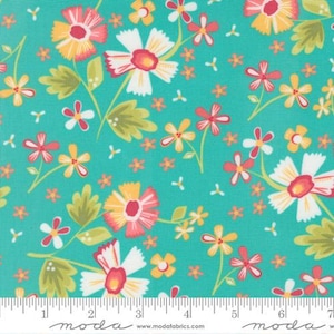 May include: A floral fabric with a teal background. The design features various flowers in shades of white, yellow, and red, with green leaves and stems. Small orange and white accents are scattered throughout the pattern. The fabric is marked with a ruler.