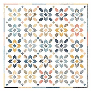 May include: A quilting pattern called "Crossing Paths" by Melissa Corry. The pattern features a geometric design with a mix of blue, yellow, orange, and pink fabrics. The pattern is fat quarter friendly and comes in 5 sizes. The text "Happy Quilting" is at the bottom of the image.