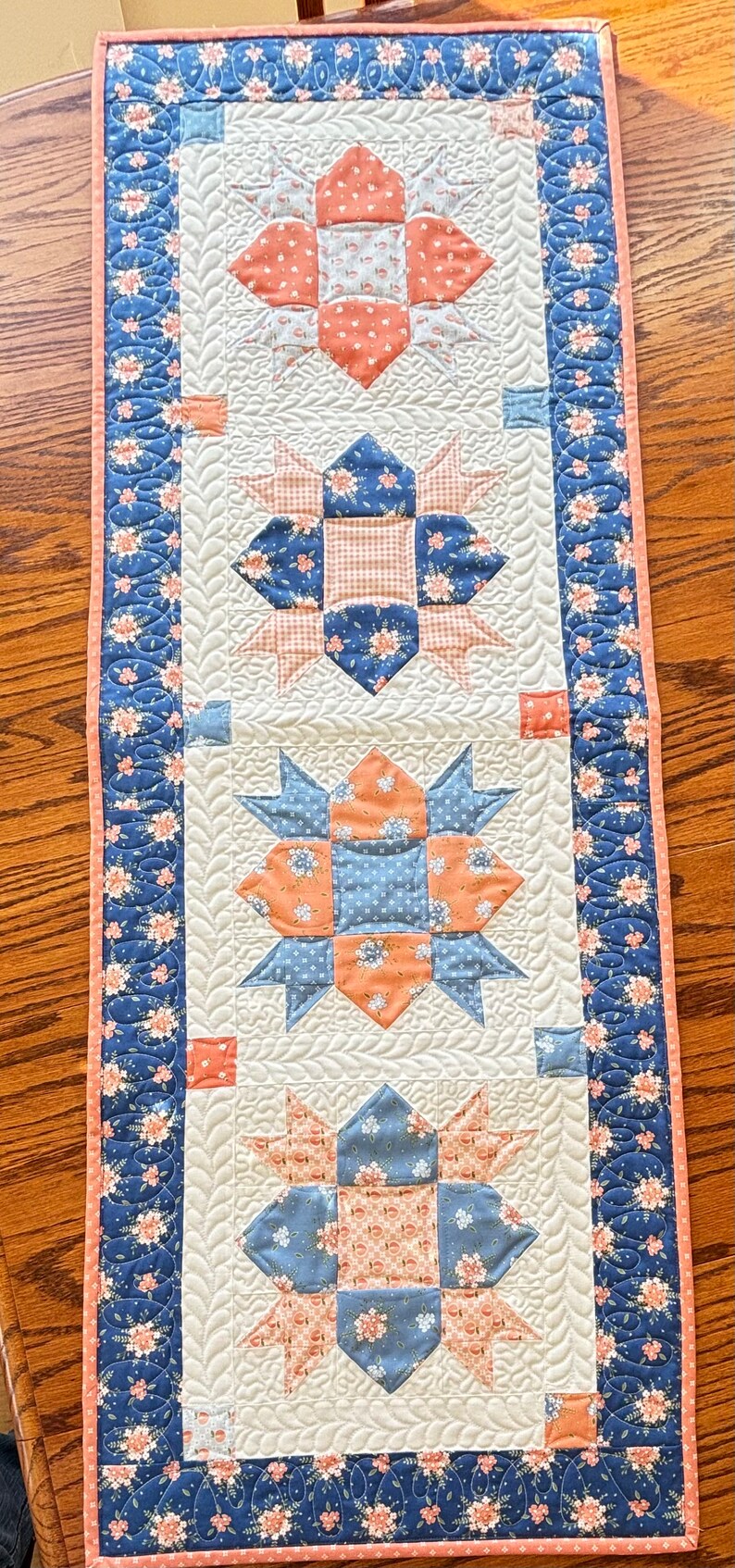 Handmade Quilted Weathervane Table Runner in Peach and Blue - Etsy
