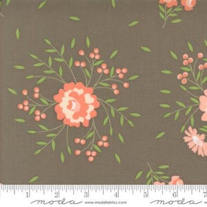 May include: A brown fabric with a repeating pattern of pink flowers and green leaves. The fabric has a subtle texture and is perfect for quilting, sewing, and crafting.