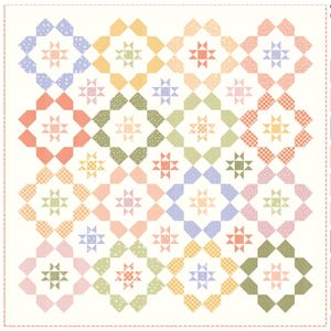 May include: A colorful patchwork quilt with a repeating floral pattern. The quilt features squares in various pastel colors, including blue, pink, yellow, and green, with star-shaped designs in the center of each square. The quilt is bordered with a dotted line.