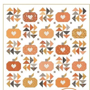 May include: A quilt pattern titled Hello Fall #123 by Chelsi Stratton Designs. The design features a grid of orange pumpkins with white heart centers alternating with geometric pinwheel blocks in shades of orange, gray, and white.