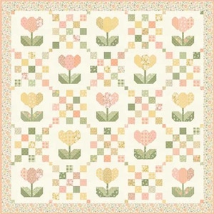 May include: A floral quilt with a cream background, featuring rows of stylized tulips in shades of pink and yellow. The quilt has a patchwork design with green and peach squares, and a floral border.