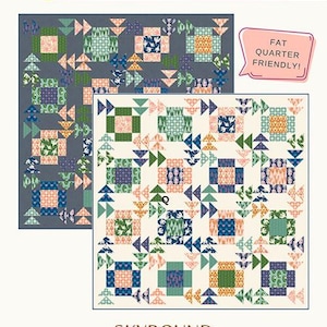 May include: A quilt pattern design featuring two quilt examples with geometric patterns in shades of blue, green, orange, and pink. The text "SKYBOUND" and "RUNNER, BABY, SMALL & LARGE THROW" are displayed. The Copper Kettle Quilt Company logo is at the top.