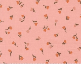 May include: A fabric with a light pink background and a repeating pattern of small orange and light pink tulip flowers with brown stems and leaves. The fabric is measured in inches.