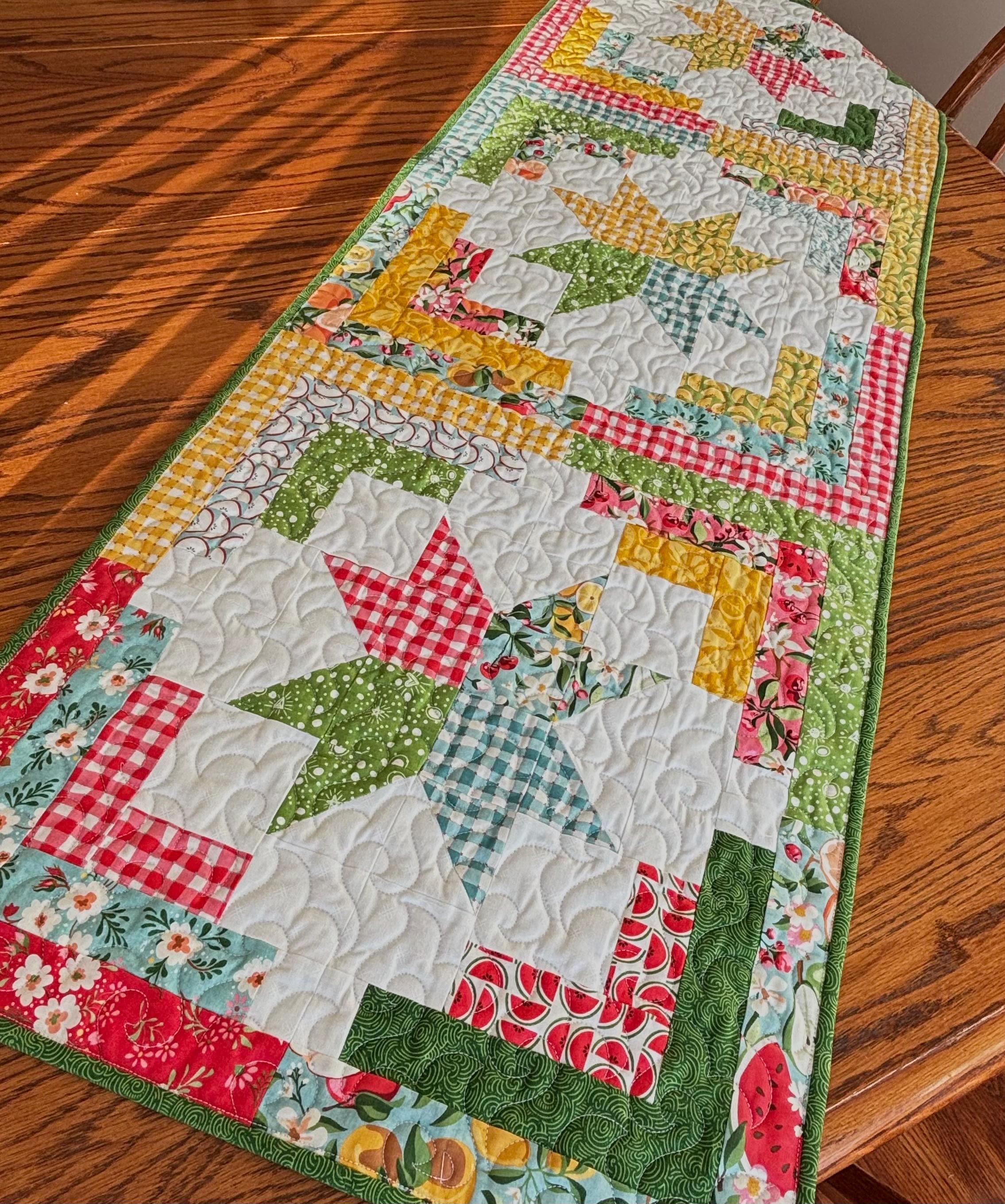 Handmade Quilted Cozy Cabin Table Runner in Fruit Loop fabrics