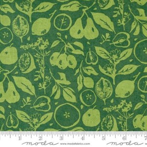 May include: Green fabric with a repeating pattern of light green leaves, pears, apples, lemons, and other fruits. The fabric has a textured, slightly rough surface.