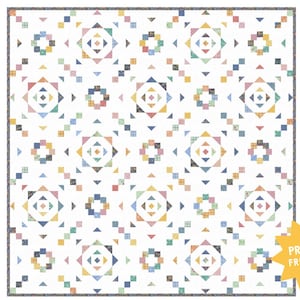May include: A white quilt with a repeating geometric pattern. The design features squares, triangles, and diamond shapes in various pastel colors, including blue, yellow, pink, and green. The quilt has a patterned border.