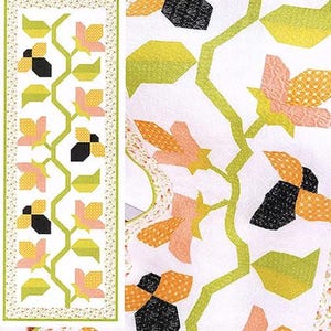 May include: A quilt pattern titled "Bees & Blossoms" featuring a floral and bee design. The pattern includes a repeating pattern of flowers, bees, and leaves in shades of pink, yellow, green, and black. The text "Simple Sew & Flip Block Method!" is also visible.