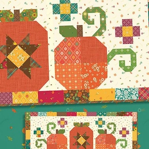 May include: Pumpkin Trio quilt pattern featuring three orange pumpkins with a brown star, green vines, and a white background. The pattern is 5 inches square friendly and designed by Anka's Treasures.