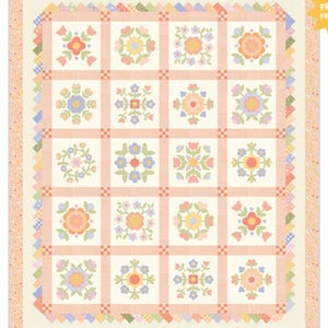 May include: A floral quilt with a cream background and a grid pattern. Each square features a different floral design in pastel colors like peach, yellow, and blue. The quilt is bordered with a scalloped edge and a floral print.