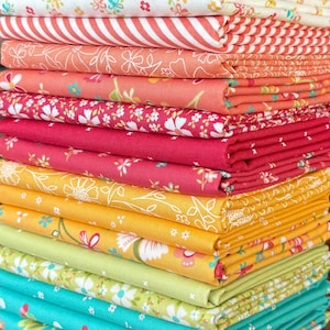 May include: A stack of folded fabric pieces featuring a variety of patterns including floral prints, stripes, and solid colors in shades of white, coral, pink, yellow, green, and turquoise. The textiles are layered neatly in a vertical pile.