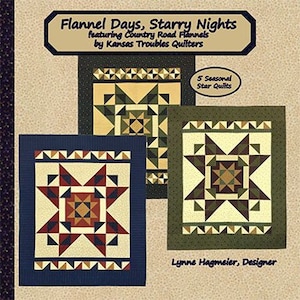 May include: Book cover featuring a quilt pattern with a star design in red, brown, and cream colors. The title is "Flannel Days, Starry Nights" featuring Country Road Flannels by Kansas Troubles Quilters. The subtitle is "5 Seasonal Star Quilts" and the designer is Lynne Hagmeier.