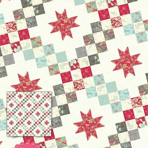 May include: A quilt pattern titled "Castle Courtyard" featuring a repeating design of red star shapes and squares in red, gray, and light blue on a cream background. The design includes a smaller inset image of the pattern.