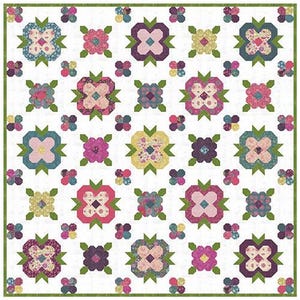 May include: A quilt pattern titled "Primrose and Proper" by Melissa Corry. The design features a repeating pattern of stylized floral blocks in shades of pink, purple, blue, and yellow on a white background. The text "fat quarter friendly in 6 sizes" is also visible.