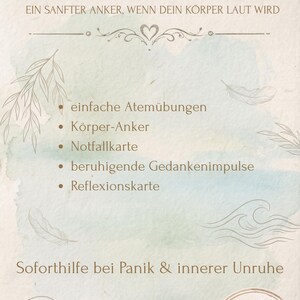 Könnte beinhalten: Ein druckbares Kartenset mit dem Text "Wenn mein Herz rast" in brauner Schrift. Die Karte zeigt Aquarell-Stil blaue und grüne Waschungen, dekorative Elemente und Aufzählungszeichen mit Bewältigungsstrategien.