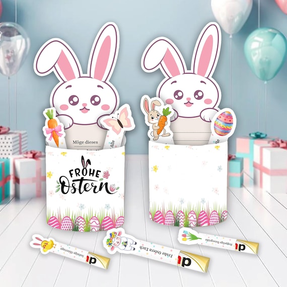 DIY Ostergeschenk Box PDF | Printable "Frohe Ostern" Schokoriegel Banderolen mit Hasen & Eiern | Bastelbogen für kleine Geschenke