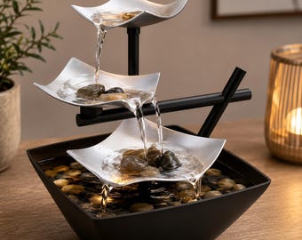 Tabletop Water Fountain 3 Tier Waterfall Indoor Zen Relaxation Lighted Fountain Deep Basin Natural River Rocks Desk Decor 8.25 In