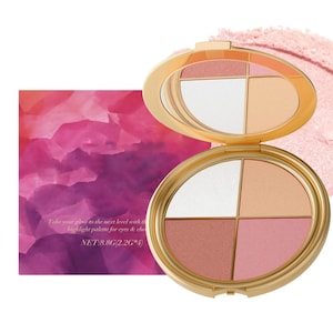 May include: A gold-toned makeup palette with four sections of different shades, including white, peach, and pink. The palette is open, revealing a mirror and a selection of colors. The packaging includes text that reads "Take your glow to the next level with highlight palette for eyes & che".