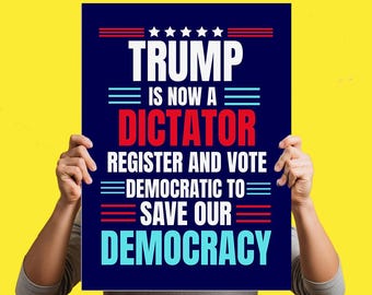 Trump jest teraz dyktatorem. Znak protestu SVG PNG jpg pdf, Plakat antytrumpowski „No Kings” na marzec, Znak wiecu aktywistów politycznych, łatwy do wydrukowania