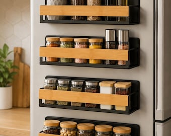 4 Pack Magnetic Spice Racks for Refrigerator Real Bamboo Metal Floating Shelves No Drill Kitchen Spice Organizer Ink Black Light Wood