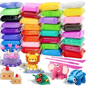 May include: A collection of colorful modeling clay in various colors, packaged in clear plastic. The image also features several clay creations, including a cake with bunny toppers, a lion, an elephant, a dinosaur, and tools.