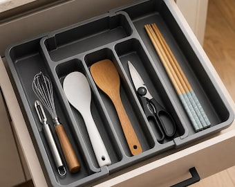 Adjustable Kitchen Cutlery Tray Expandable Drawer Organizer Plastic Flatware Holder Spoons Forks Knives Storage Tray 7 Compartments