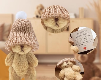 Mini Worry Bear in a Box | Pocket Hug Comfort Gift | Plush Bear with Knitted Hat & Encouragement Card | Anxiety Relief Gift for Friend