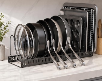 Pots Pans Organizer for Inside Cabinet Expandable Cookware Storage Rack 12 U Shape Dividers Baking Sheet Cutting Board Holder Stand Black