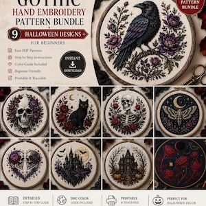 Puede incluir: Una colección digital de nueve patrones de bordado a mano gótico con diseños de un cuervo, calaveras, un gato negro, una polilla, un castillo, una casa embrujada y rosas, que incluye instrucciones en PDF y una guía de colores.