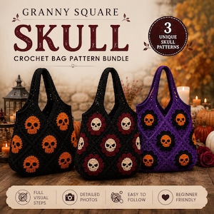Puede incluir: Tres bolsos de ganchillo con patrones de calaveras en cuadrados granny. El texto dice: GRANNY SQUARE SKULL CROCHET BAG PATTERN BUNDLE, 3 UNIQUE SKULL PATTERNS, FULL VISUAL STEPS, DETAILED PHOTOS, EASY TO FOLLOW, BEGINNER FRIENDLY. Los bolsos son negros y morados.