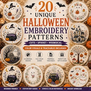 Op de afbeelding: Een digitale collectie van 20 unieke Halloween-borduurpatronen met geesten, pompoenen, spookhuizen en ketels. De afbeelding toont diverse ronde borduurringen met voltooide ontwerpen, tekst en iconen voor handleidingen en printbare bestanden.