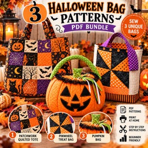 Peut inclure: Un ensemble numérique de trois patrons de sacs d'Halloween comprenant un fourre-tout matelassé en patchwork, un sac à friandises à moulinet et un sac citrouille. L'image montre les sacs en tissu finis avec des motifs orange, noirs et violets.