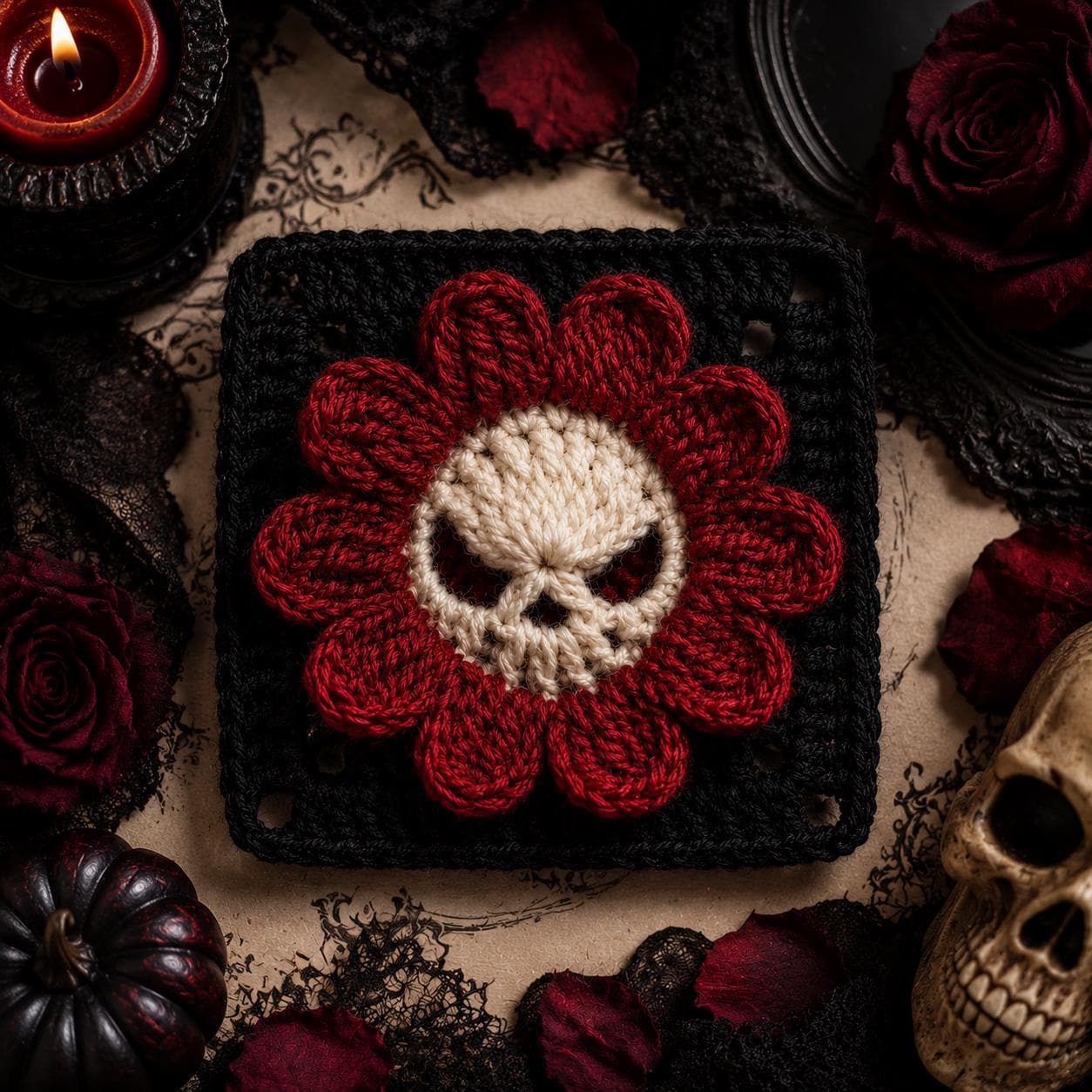 25 Skull Granny Square Crochet Patterns for Halloween, Gothic Decor, and Clever Motifs 25 Gothic Skull Flower Granny Square Crochet Pattern Gothic