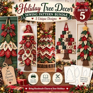 May include: A sewing pattern bundle for five holiday tree decorations. The image displays five distinct fabric tree designs featuring red, green, and cream colours with patterns like plaid and snowflakes. Includes paper templates and instructional icons.