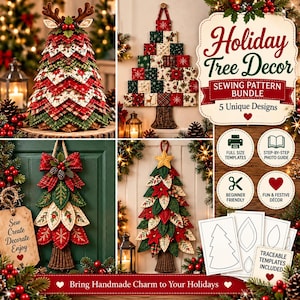 Puede incluir: Un paquete de patrones de costura para decoración de árboles navideños con cinco diseños. La imagen muestra varios adornos de tela, incluyendo árboles de patchwork, con forma de hojas y de flor de pascua, junto a plantillas y texto.