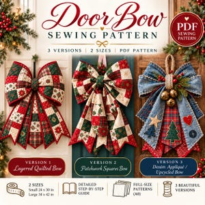 Quilted Holiday Door Bow Sewing Patterns, Patchwork, Denim Appliqué (PDF Bundle)