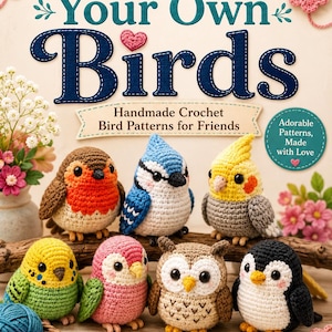 Könnte beinhalten: Das Buchcover "Stitch Your Own Birds" zeigt handgefertigte Häkelmuster für Vögel. Das Bild zeigt eine Sammlung farbenfroher gehäkelter Vögel, darunter ein Rotkehlchen, ein Blauhäher und eine Eule, die auf einem Ast angeordnet sind. Der Name des Autors, Ilaria Caliri, ist ebenfalls zu sehen.