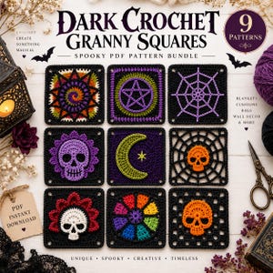 Könnte beinhalten: Ein digitales PDF-Musterpaket mit dem Titel Dark Crochet Granny Squares, das neun quadratische Häkeldesigns mit Motiven wie Totenköpfen, einem Spinnennetz, einem Pentagramm, einer Mondsichel und bunten geometrischen Mustern in Schwarz, Lila und Orange zeigt.