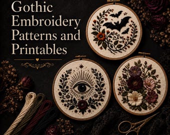 Gothic Stickmuster und Printables Bundle | PDF-Muster für Fledermäuse, mystisches Auge und Blumen