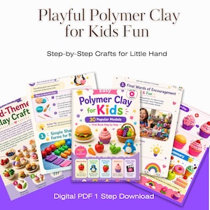 Puede incluir: Una colección de libros de manualidades de arcilla polimérica para niños. El libro central, "Easy Polymer Clay for Kids", presenta instrucciones paso a paso para crear figuras en miniatura de alimentos y animales. Otros libros muestran ideas y consejos.