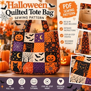 Puede incluir: Un patrón de costura para bolso tote acolchado con diseño de patchwork de Halloween con gatos negros, calabazas, murciélagos, lunas y telarañas en naranja, morado y negro, que incluye instrucciones, fotos y tamaños A0 y A4.