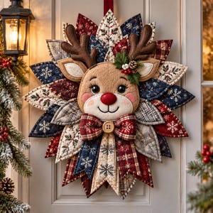 May include: A fabric wall hanging featuring a central reindeer face with a red nose, brown antlers, and a plaid bow tie. The reindeer is surrounded by layered, quilted fabric petals in red, navy blue, and cream, decorated with snowflake and holly patterns.
