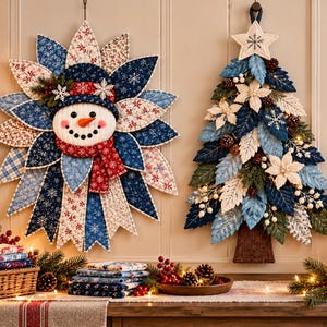 Puede incluir: Un tapiz acolchado con una cara de muñeco de nieve central rodeada de pétalos de tela con patrones azules, blancos y rojos, junto a un árbol de Navidad de tela montado en la pared decorado con hojas azules, blancas y verdes y piñas.