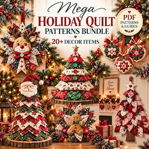 May include: A collection of quilted holiday decor items including a reindeer wall hanging, a fabric Christmas tree, a Santa-topped tree, a gingerbread man ornament, and heart-shaped decorations. Text reads: Mega Holiday Quilt Patterns Bundle.
